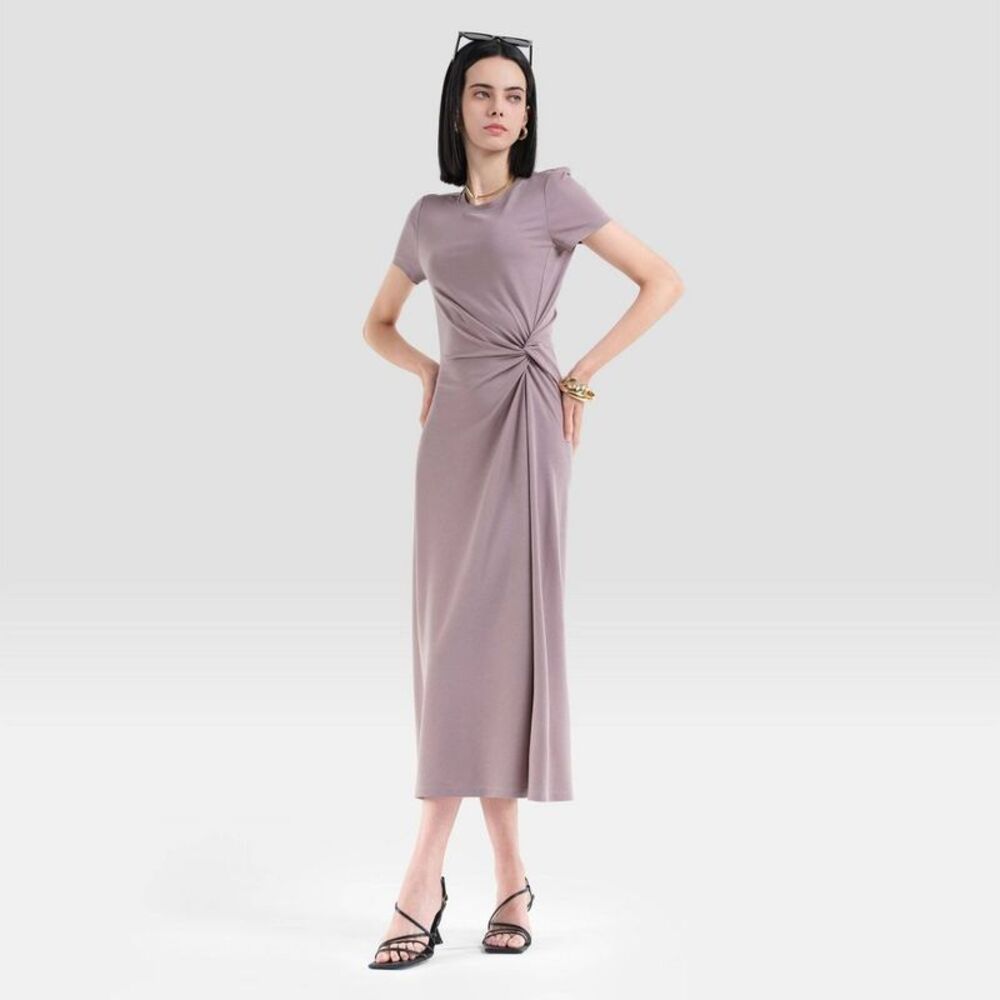 Women's Short Sleeve Soft Knit Ruched Waist Midi T-Shirt Dress - Taupe XL